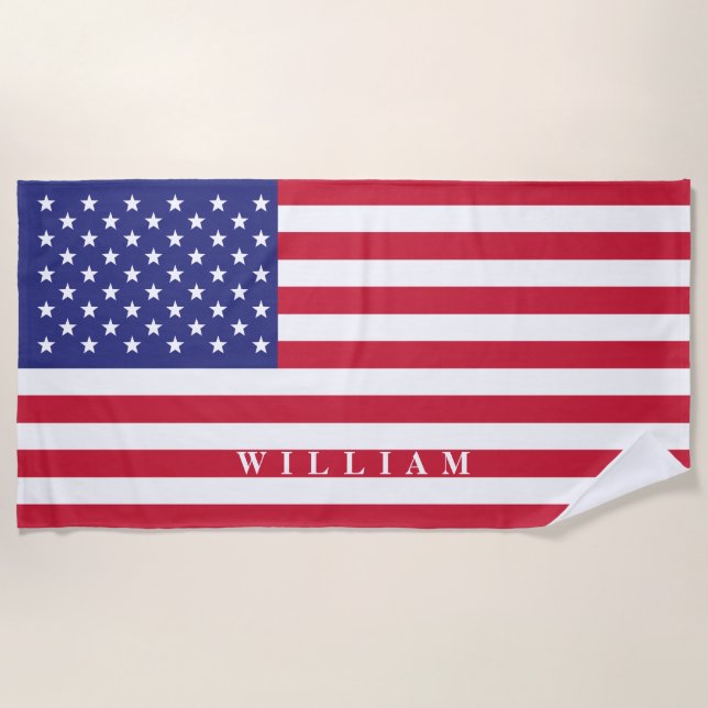 Patriotic American Flag Add Name Beach Towel (Front)