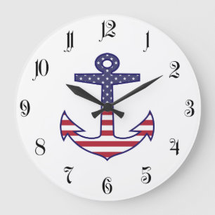 Patriotic American Flag Anchor Nautical Large Clock