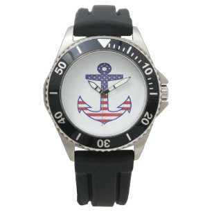 Patriotic American Flag Anchor Nautical Watch