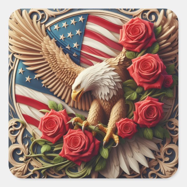 Patriotic American Flag and Eagle Square Sticker (Front)