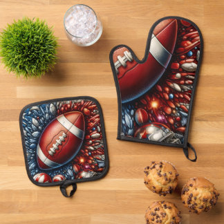 Patriotic American Flag and Football Sports Oven Mitt & Pot Holder Set