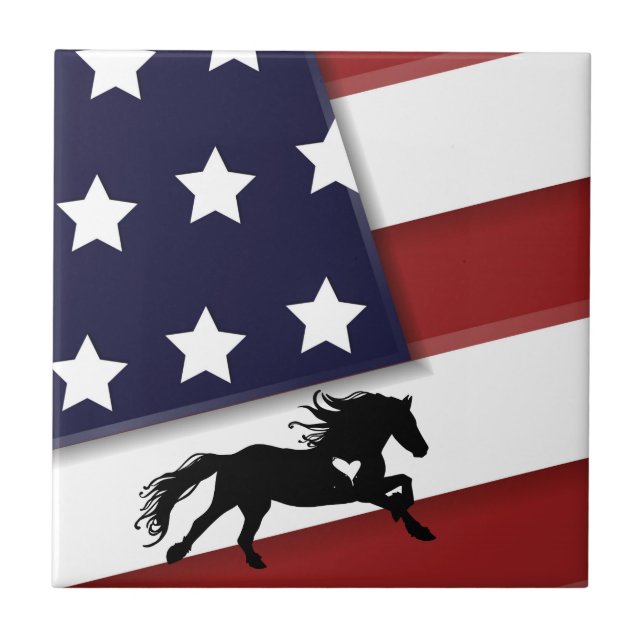 Patriotic American Flag and Silhouette Horse Tile (Front)
