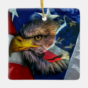 Patriotic American Flag Bald Eagle Wolf Ceramic Ornament