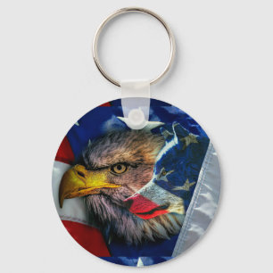 Patriotic American Flag Bald Eagle Wolf Key Ring