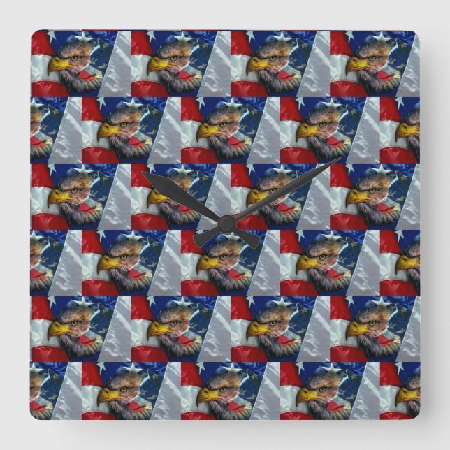 Patriotic American Flag Bald Eagle Wolf Square Wall Clock (Front)