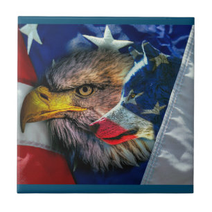 Patriotic American Flag Bald Eagle Wolf Tile