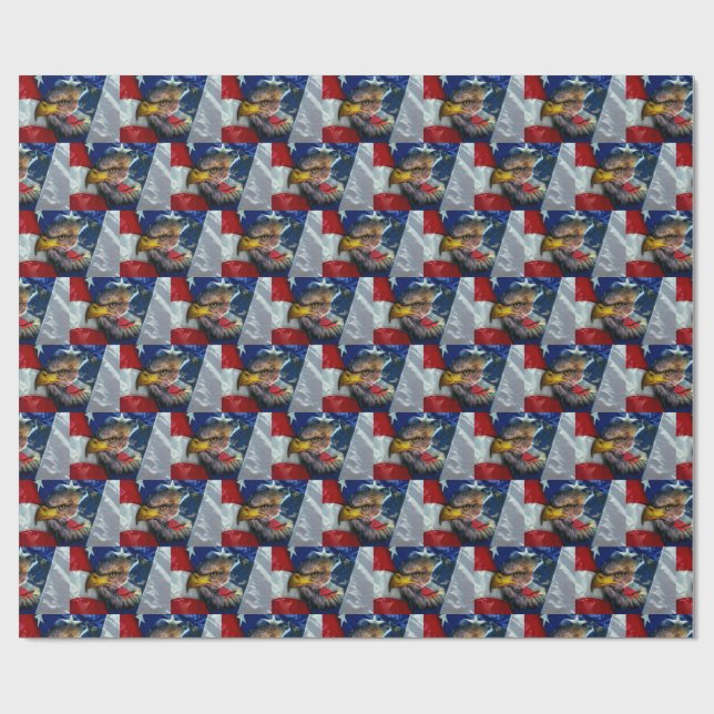 Patriotic American Flag Bald Eagle Wolf Wrapping Paper (Flat)