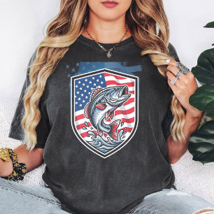 Patriotic American Flag Bass Fishing Emblem T-Shirt