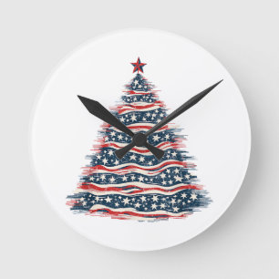 Patriotic American Flag Christmas Tree Round Clock