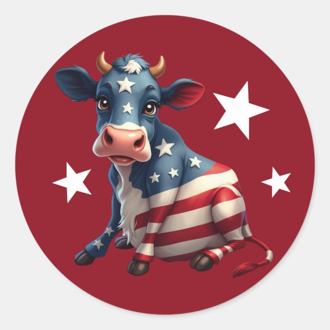 Patriotic American Flag Cow Illustration Classic Round Sticker (Front)