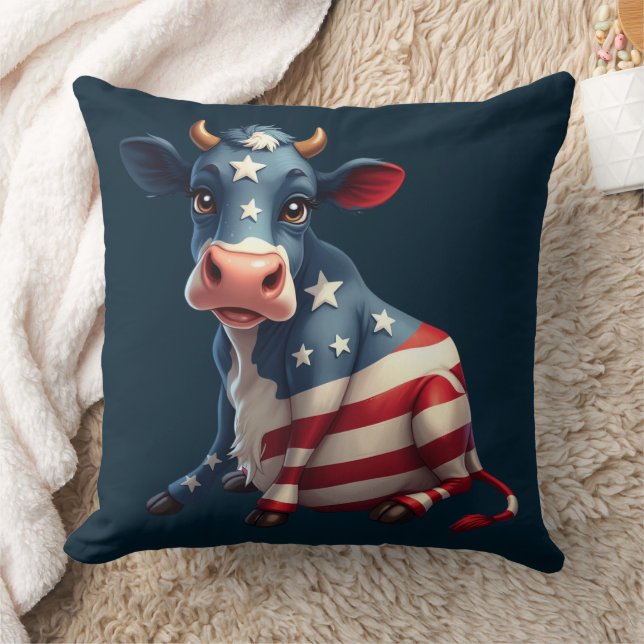 Patriotic American Flag Cow Illustration Cushion (Blanket)