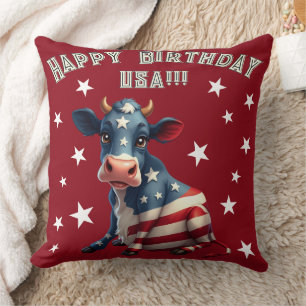 Patriotic American Flag Cow Illustration Cushion