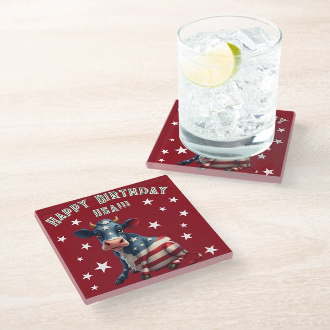 Patriotic American Flag Cow Illustration Glass Coaster (Angled)