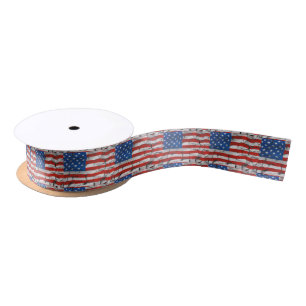 Patriotic American Flag Cracked Worn Paint Satin Ribbon