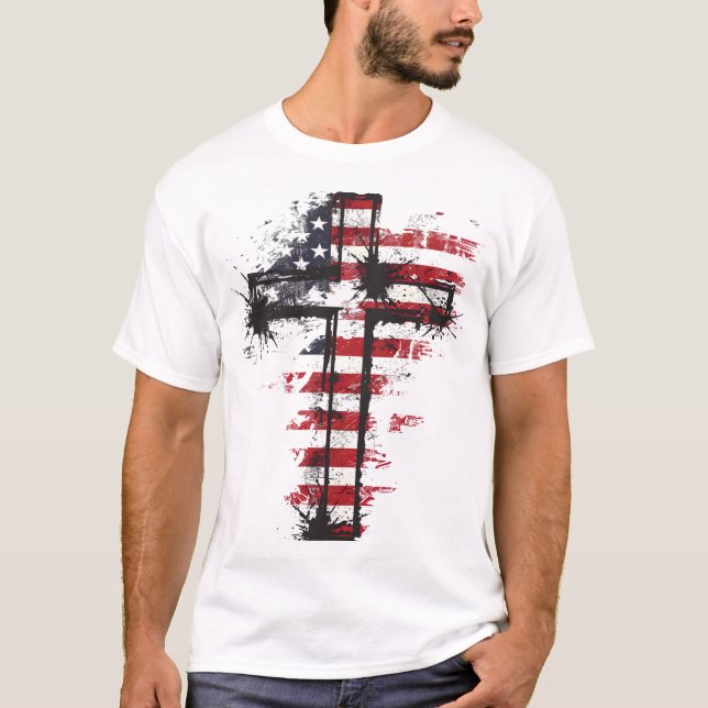 Patriotic American flag cross T-Shirt (Front)