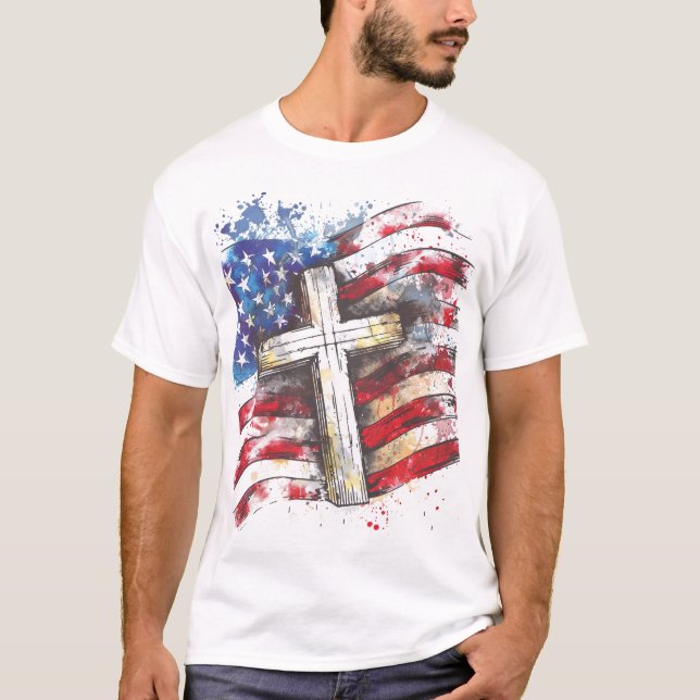 Patriotic American flag cross T-Shirt (Front)