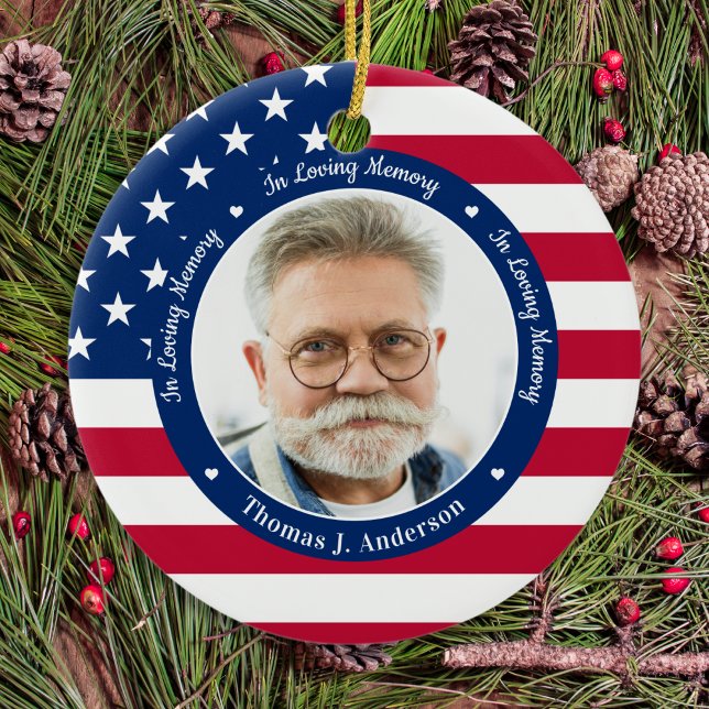 Patriotic American Flag Custom 2 Photo Memorial  Ceramic Tree Decoration (Creator Uploaded)