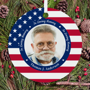 Patriotic American Flag Custom 2 Photo Memorial  Metal Tree Decoration