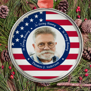 Patriotic American Flag Custom 2 Photo Memorial  Metal Tree Decoration