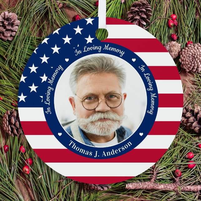 Patriotic American Flag Custom 2 Photo Memorial  Metal Tree Decoration (Creator Uploaded)