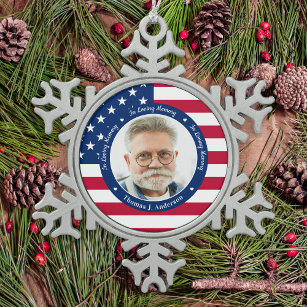 Patriotic American Flag Custom 2 Photo Memorial  Snowflake Pewter Christmas Ornament