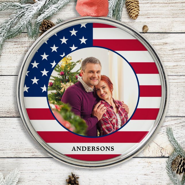 Patriotic American Flag Custom Photo Holiday Metal Tree Decoration (Creator Uploaded)