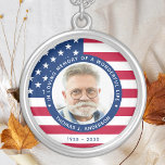 Patriotic American Flag Custom Photo Memorial Silver Plated Necklace<br><div class="desc">Honour your loved one with a patriotic custom photo memorial necklace . This unique military memorial necklace is the perfect gift for yourself, family or friends to pay tribute to a military veteran, military soldier, army, marines or fallen soldier. This patriotic memorial necklace features a modern red white and blue...</div>
