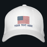 Patriotic American flag custom sports hat USA cap<br><div class="desc">Patriotic American flag custom sports hat. Personalised cap with embroidered logo of US flag. Stars and stripes of the United States embroidery design with personalizable text template. Add your own name, inspirational saying or funny quote. Cool Birthday of 4th of July party gift idea for men, women and kids (boy...</div>