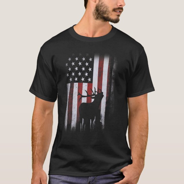 Patriotic American Flag Elk Hunter   Men Elk Bow H T-Shirt (Front)