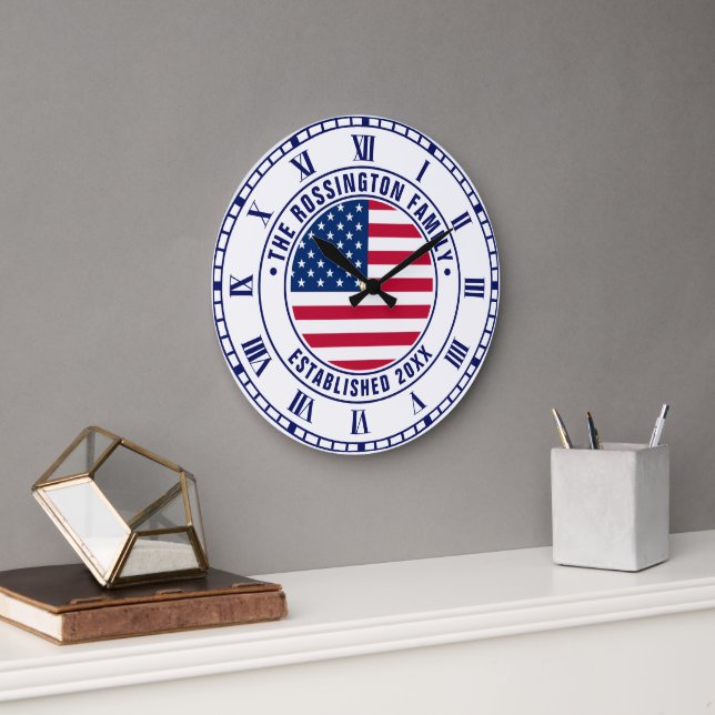 Patriotic American Flag Family Name Date Estd Large Clock (Office)