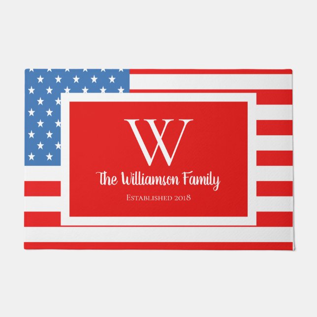 Patriotic American Flag & Family Name Doormat (Front)