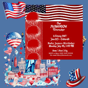 Patriotic American Flag Firecracker Birthday Boy Invitation