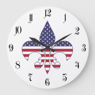 Patriotic American Flag Fleur-de-lis Large Clock