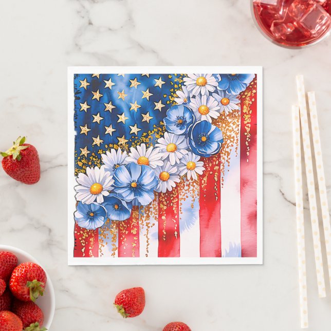 Patriotic American Flag Floral Glitter Napkin (Insitu)