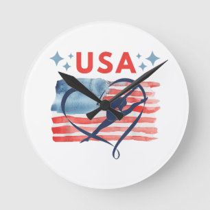 Patriotic American Flag Gymnastics Design for USA Round Clock