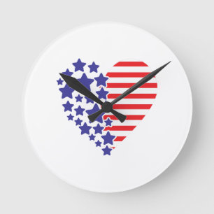 Patriotic American Flag Heart Round Clock