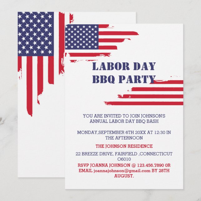 Patriotic American Flag Labour Day BBQ Party Invitation (Front/Back)
