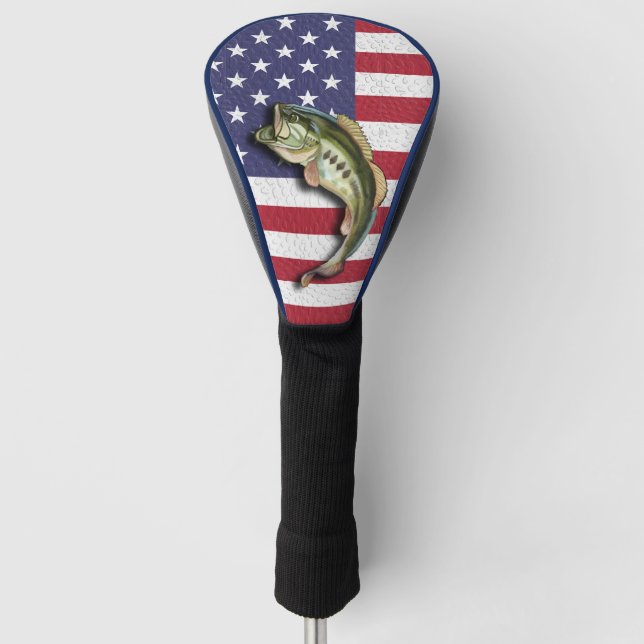 Patriotic American Flag Largemouth Bass Fishing Golf Head Cover (Front)