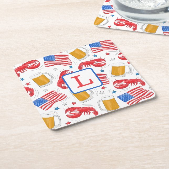Patriotic American Flag Lobster Beer Star Monogram Square Paper Coaster (Angled)