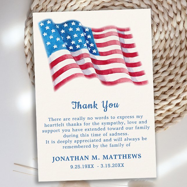 Patriotic American Flag Memorial Veteran Funeral Thank You Card (Creator Uploaded)