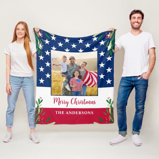 Patriotic American Flag Military Photo Christmas Fleece Blanket (In Situ)