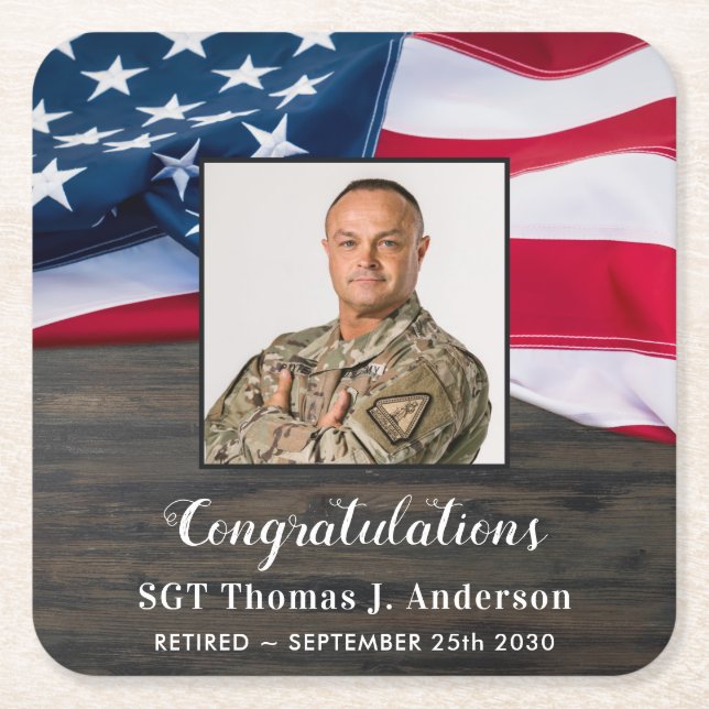Patriotic American Flag Military Retirement Square Paper Coaster (Front)