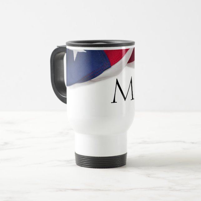 Patriotic American Flag Monogrammed Initial Travel Mug (Front Left)