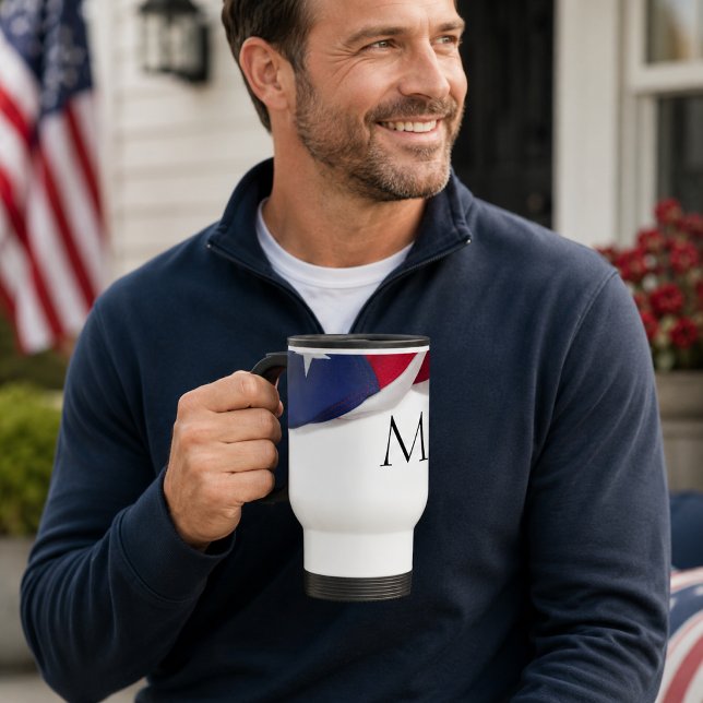 Patriotic American Flag Monogrammed Initial Travel Mug (Creator Uploaded)