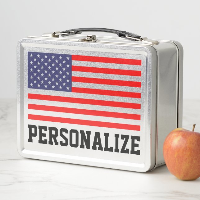 Patriotic American flag old school metal lunchbox (In Situ)