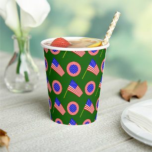 Patriotic American Flag Pattern on Green Paper Cups