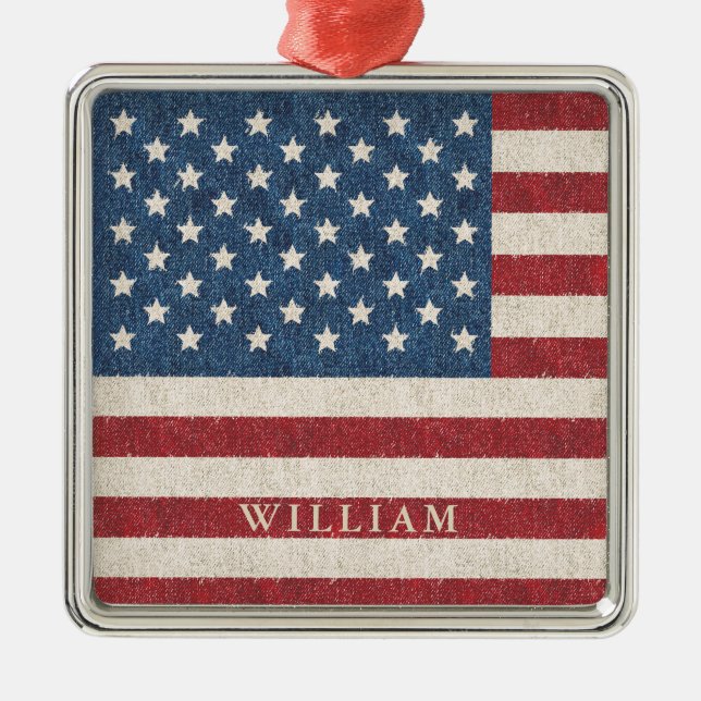 Patriotic American Flag Personalised Metal Tree Decoration (Front)