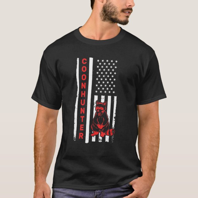 Patriotic American Flag Racoon Hunting Animal Hun T-Shirt (Front)