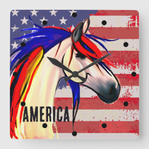 Patriotic American Flag Red White and Blue Horse Square Wall Clock
