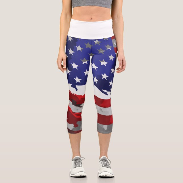 Patriotic American Flag Red White Blue USA Capri Leggings (Front)
